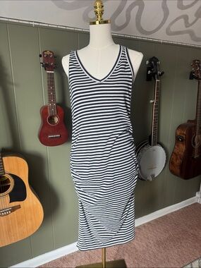 Striped Navy and White Sleeveless V-Neck Fitted Midi Dress